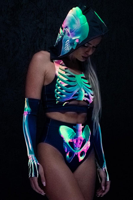 Rave Outfit Toxic Skeleton Booty Shorts Set Uv Close View