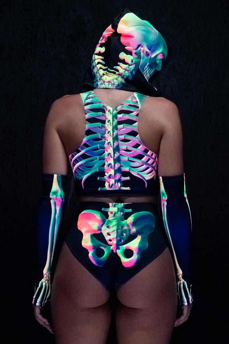 Toxic Skeleton Hooded Cut Out Crop Top UV Back View