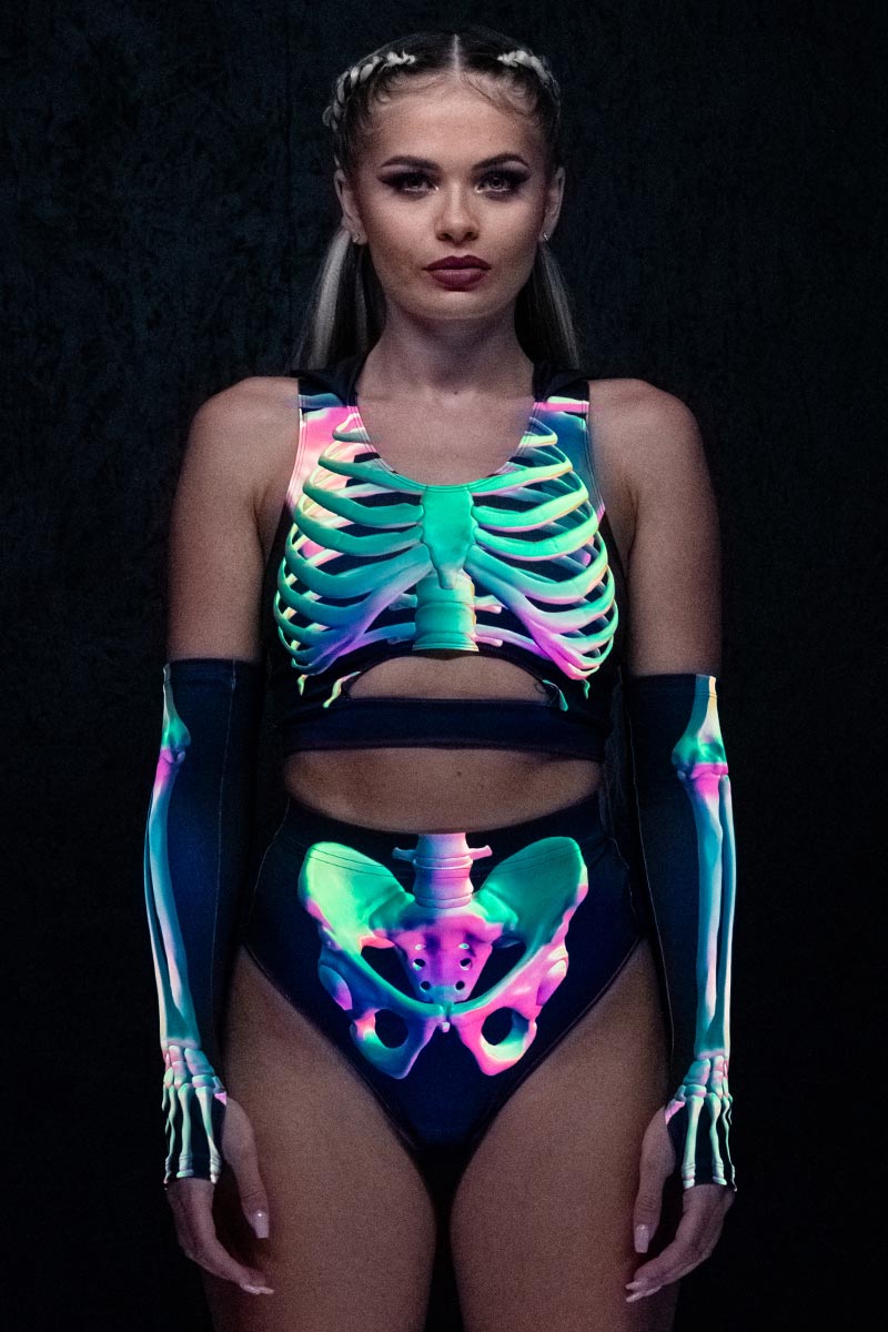 Toxic Skeleton Hooded Cut Out Crop Top UV Front View