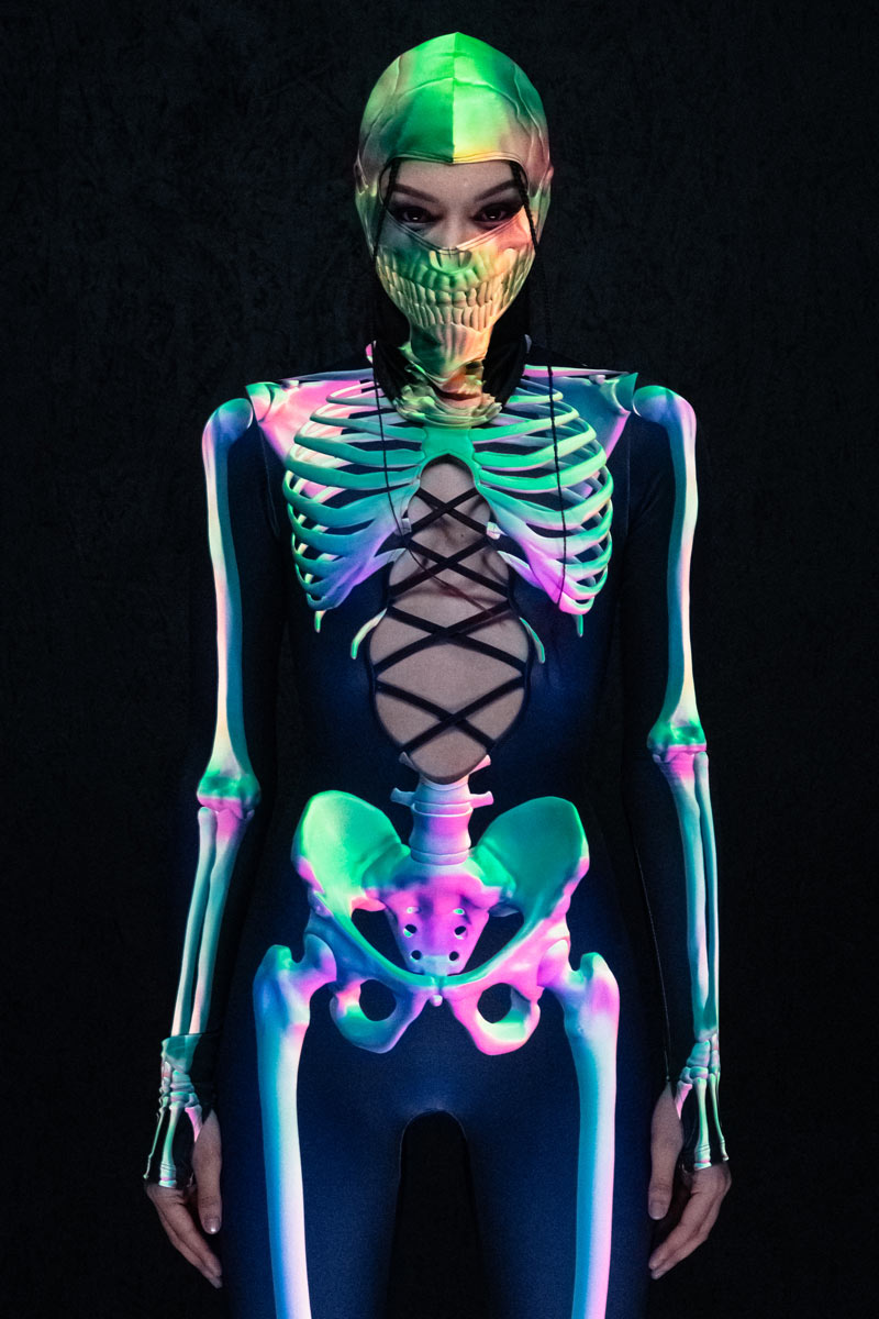 Toxic Skeleton Open Front Costume UV Close View