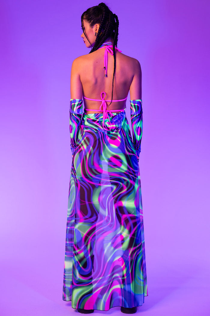 Rave Outfit Trance Flow Mesh Cape Skirt Set Back View