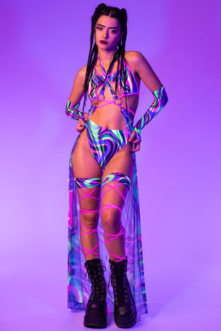 Rave Outfit Trance Flow Mesh Cape Skirt Set Full View