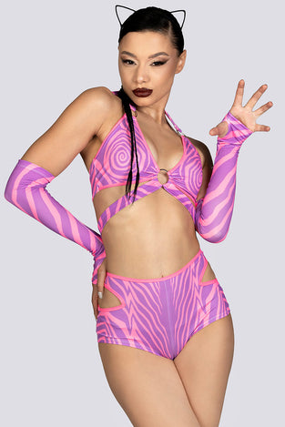 Trippy Kitty Cut Out Booty Shorts Set Rave Halloween Outfit