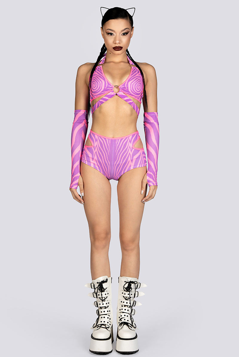 Trippy Kitty Cut Out Booty Shorts Set Rave Halloween Wear