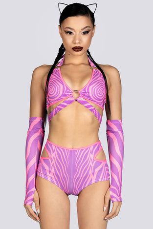 Trippy Kitty Halter Bra Top Close Up Rave Halloween Outfit
