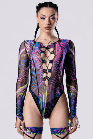 Rave Outfit Trippy Sound Wave Lace Up Bodysuit Close Front View