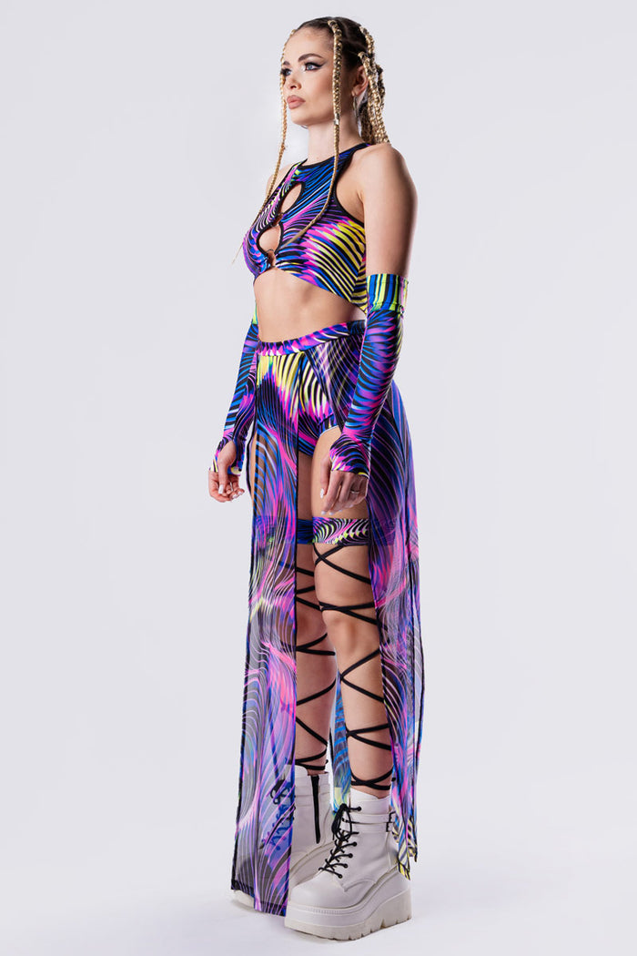 Rave Outfit Trippy Sound Wave Sheer Maxi Skirt Set Side View