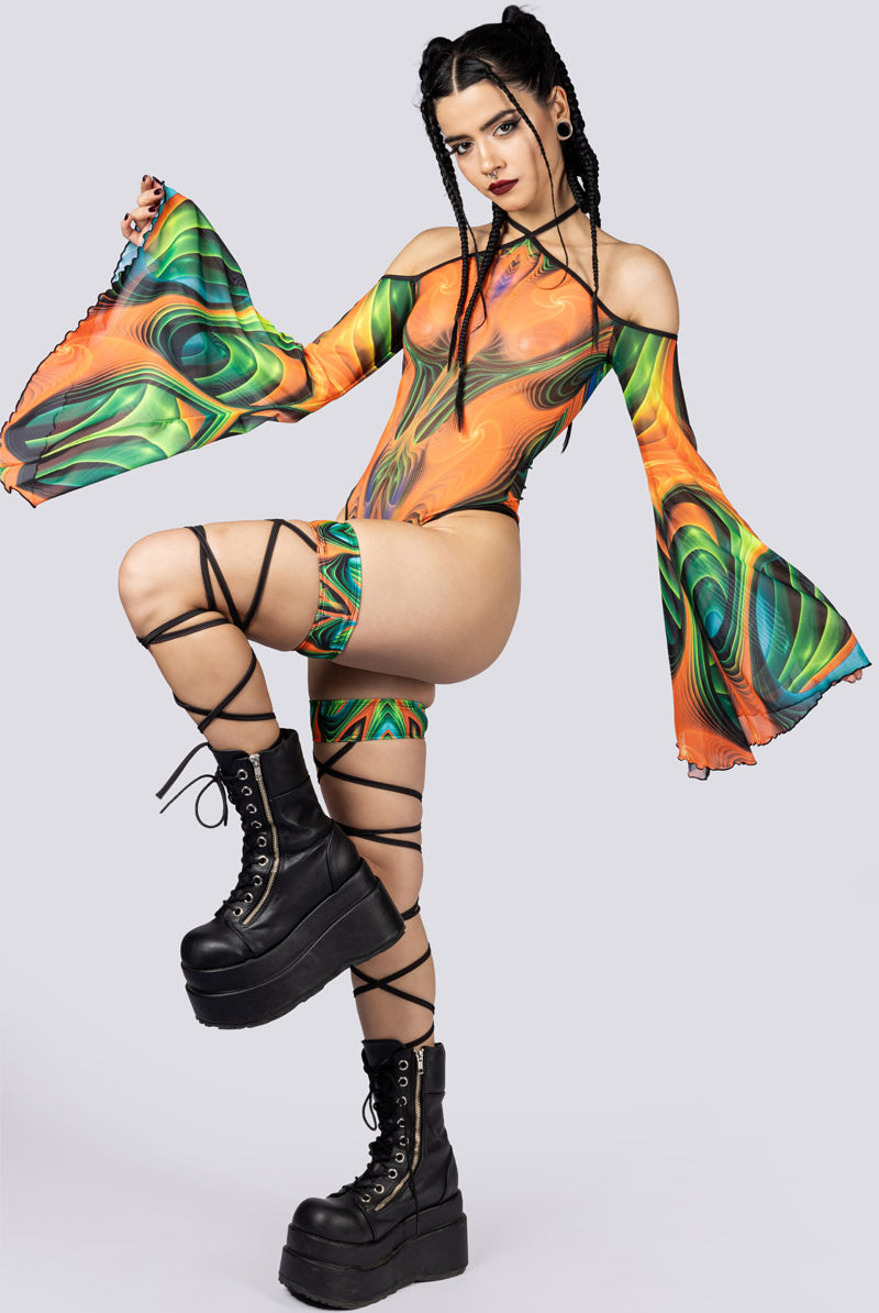 Tropica Sheer Bell Sleeve Bodysuit Full Side View