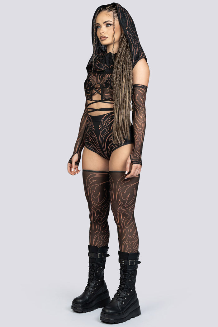 Umbra Cowl Neck Hooded Mesh Top Rave Wear