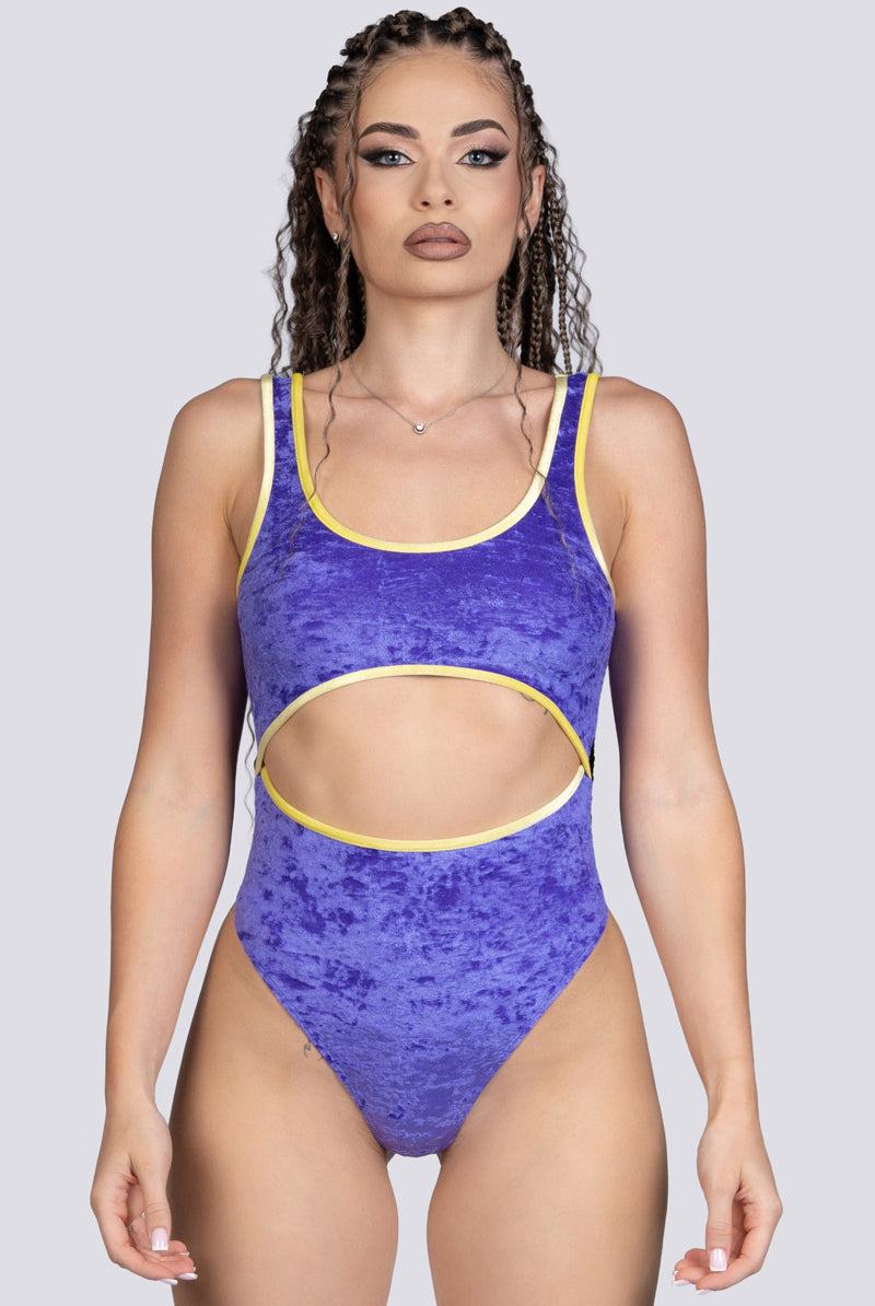 Violet Crush Cut Out Thong Bodysuit - Purple Velvet Stripper Outfit