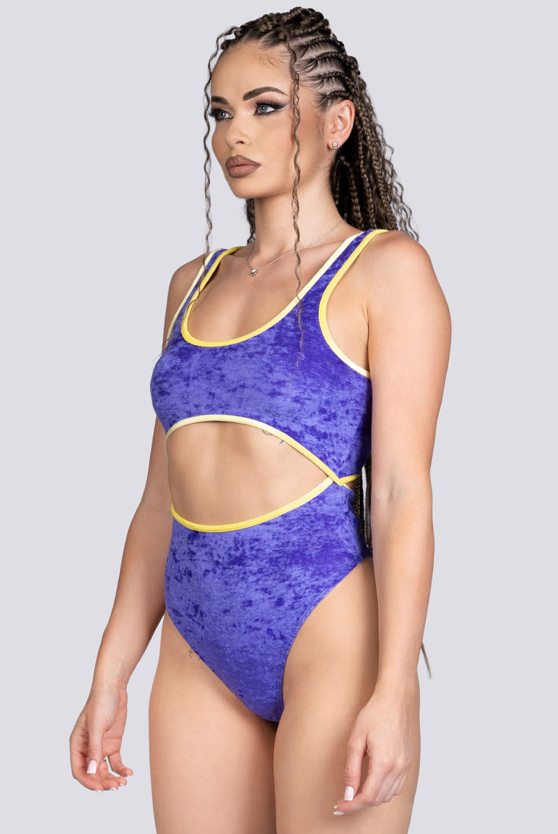 Violet Crush Cut Out Thong Bodysuit - Purple Velvet Pole Wear