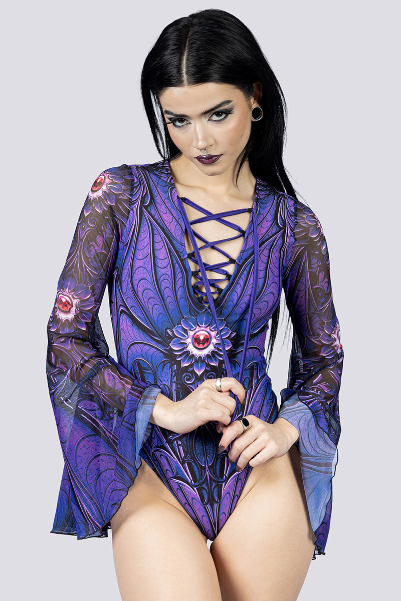 Violet Relic Bell Sleeve Lace Up Bodysuit Close Up Goth Clothing