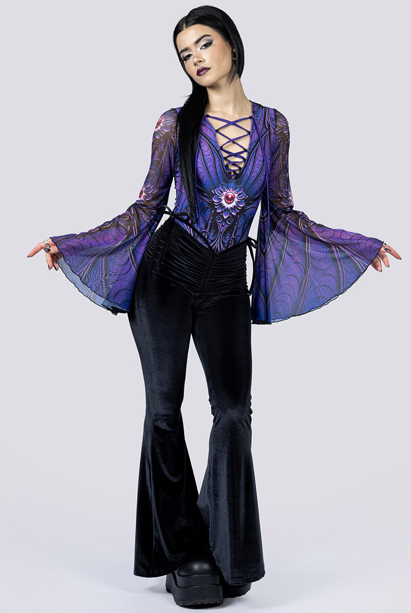 Violet Relic Bell Sleeve Lace Up Bodysuit Pants Front Gothic Clothing
