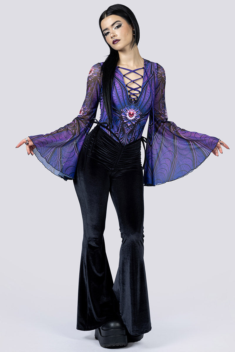 Violet Relic Bell Sleeve Lace Up Bodysuit Pants Front Gothic Clothing