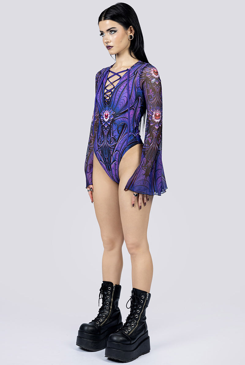 Violet Relic Bell Sleeve Lace Up Bodysuit Side Goth Wear