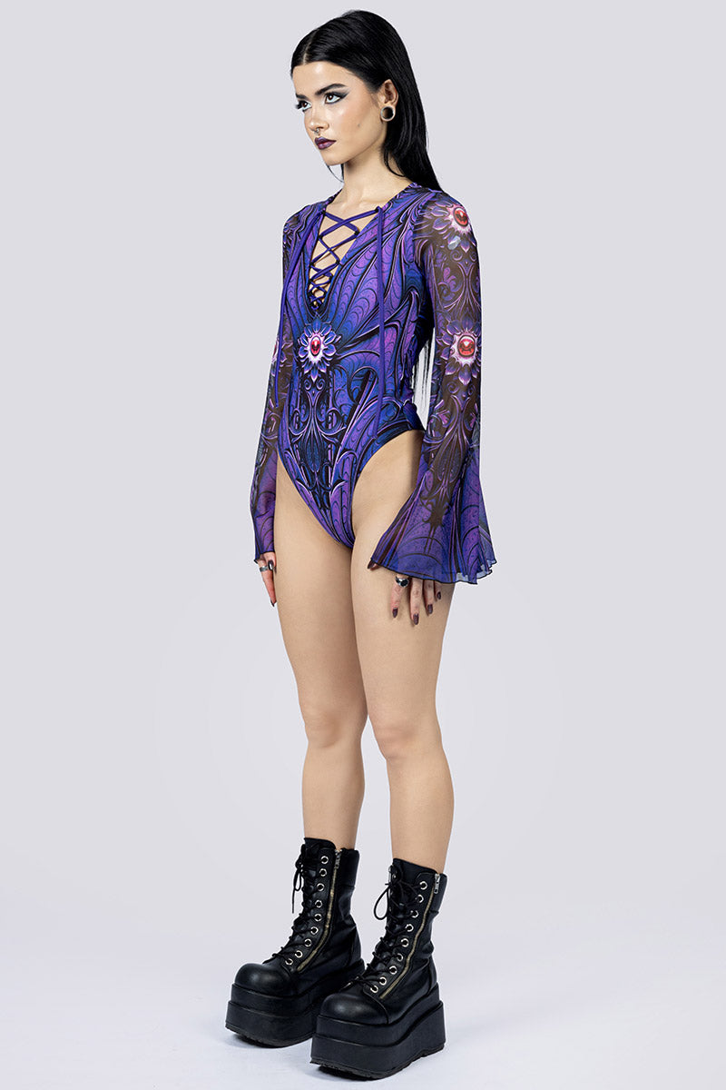 Violet Relic Bell Sleeve Lace Up Bodysuit Side Goth Wear