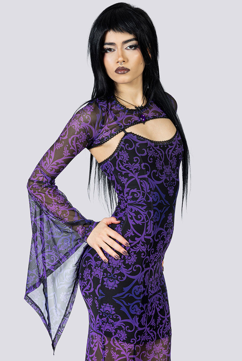 Violet Victorian Mesh Maxi Dress Close Up Goth Clothing