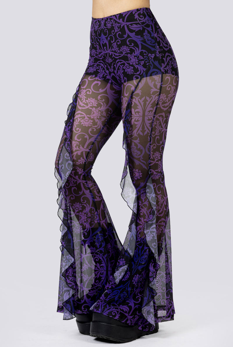 Violet Victorian Ruffle Pants Close Up Goth Clothing