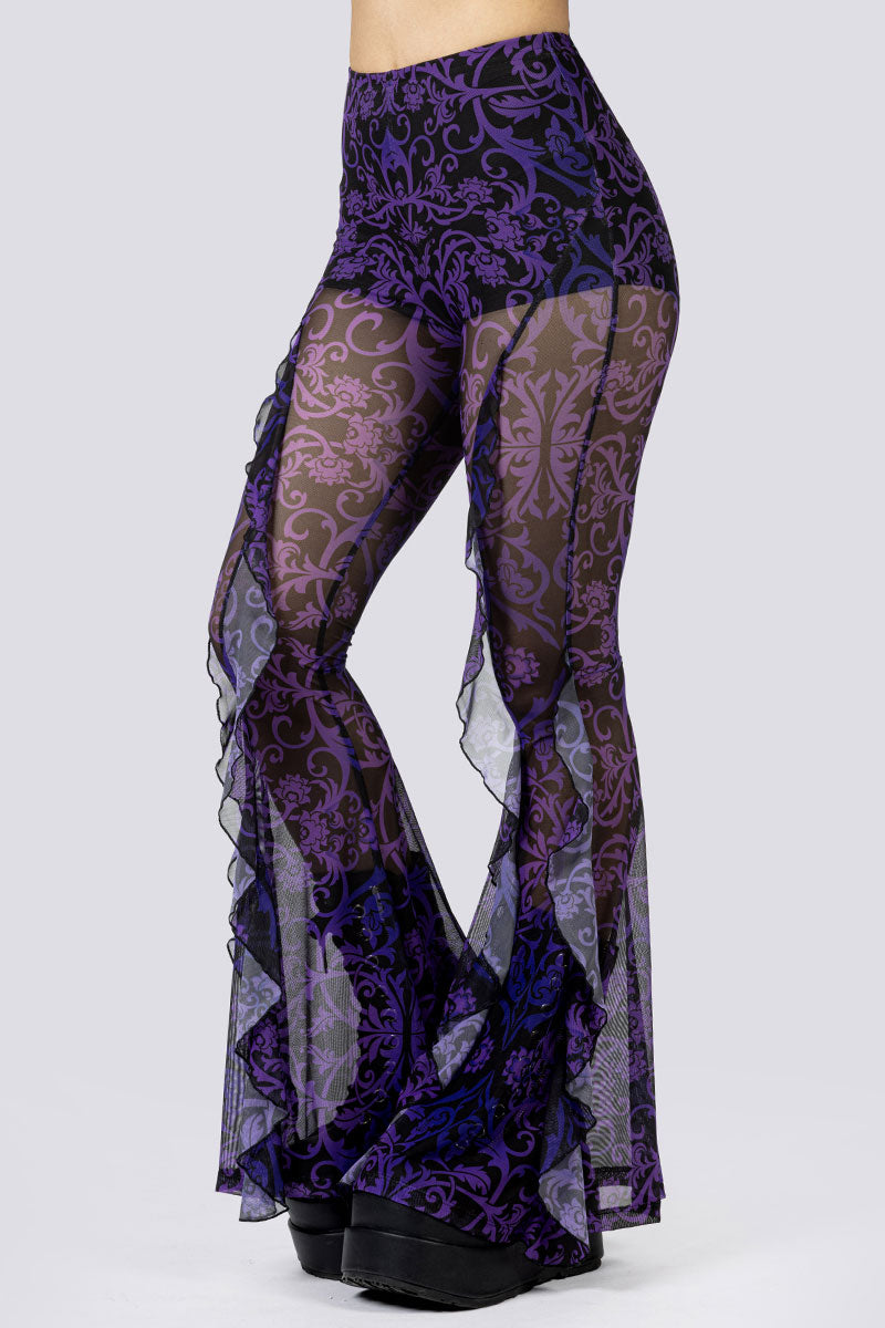 Violet Victorian Ruffle Pants Close Up Goth Clothing