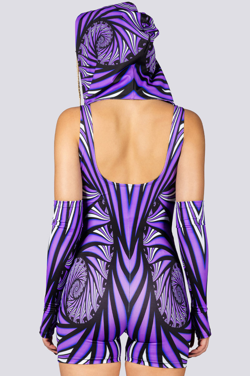 Violet Vortex Hooded Romper Back View