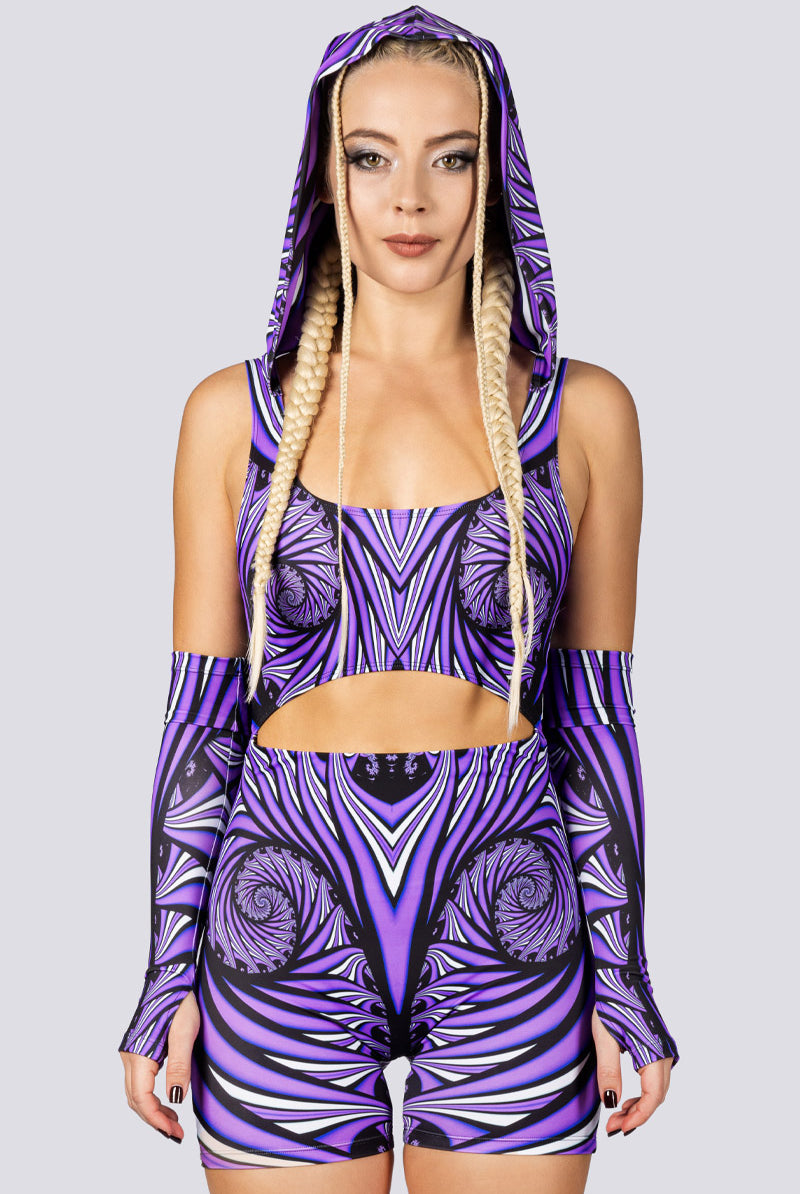 Violet Vortex Hooded Romper Fron View