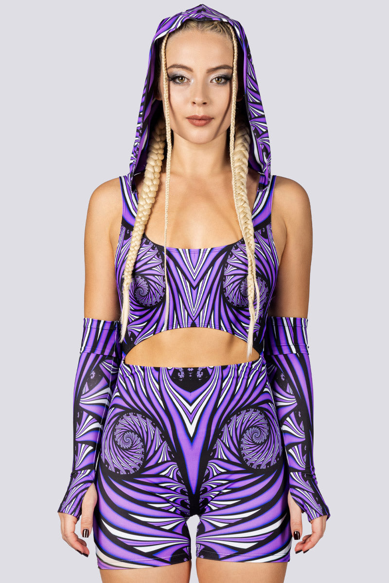 Violet Vortex Hooded Romper Fron View