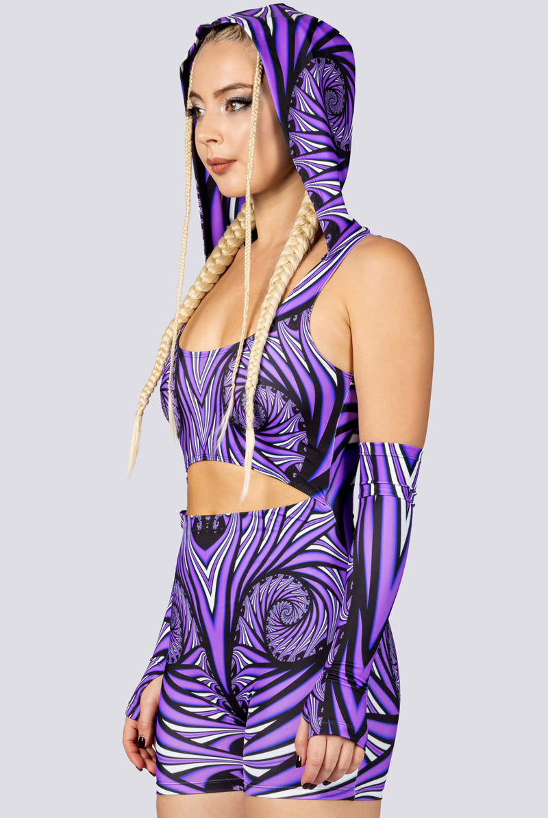 Violet Vortex Hooded Romper Side View