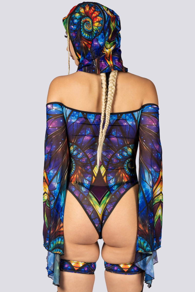 Vitrage Sheer Bell Sleeve Bodysuit Back View