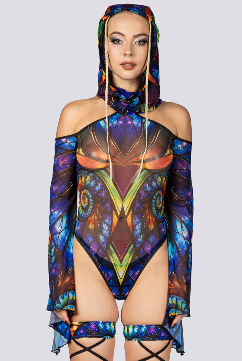Vitrage Sheer Bell Sleeve Bodysuit Full Close View