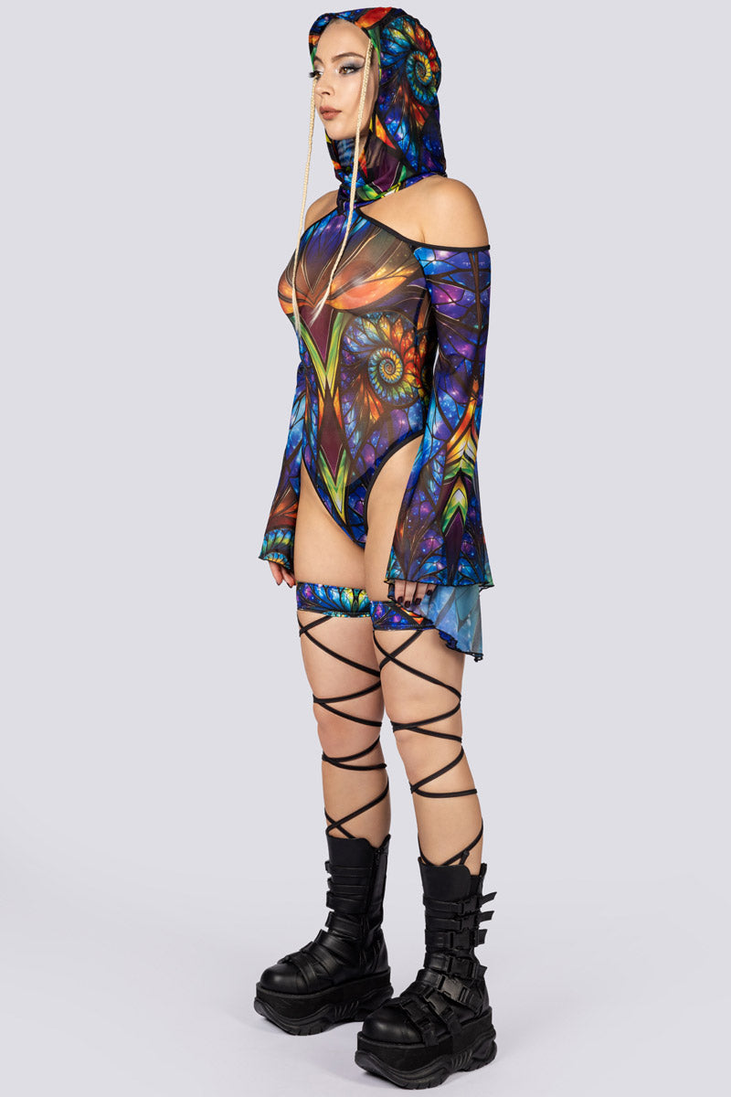 Vitrage Sheer Bell Sleeve Bodysuit Full Side View