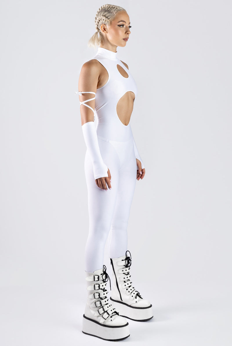White Cut Out Catsuit Studio Side View
