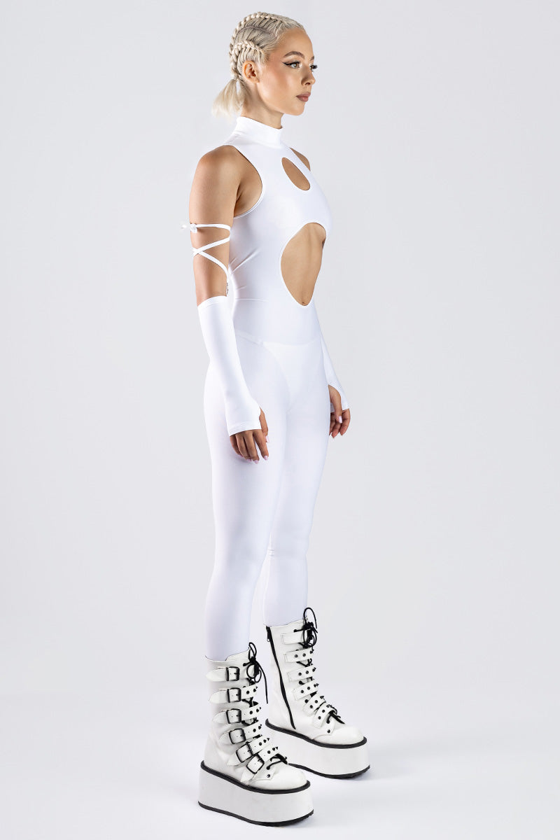 White Cut Out Rave Catsuit - Party One Piece Outfit | Devil Walking