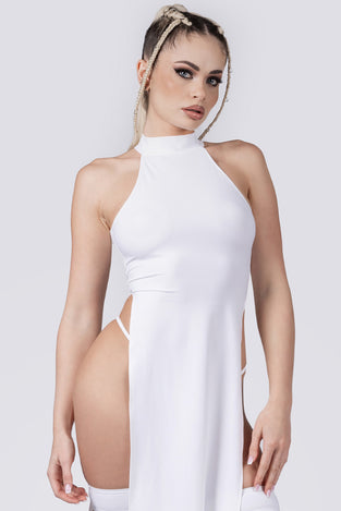 Rave Outfit White High Slit Dress Knee Length Close View