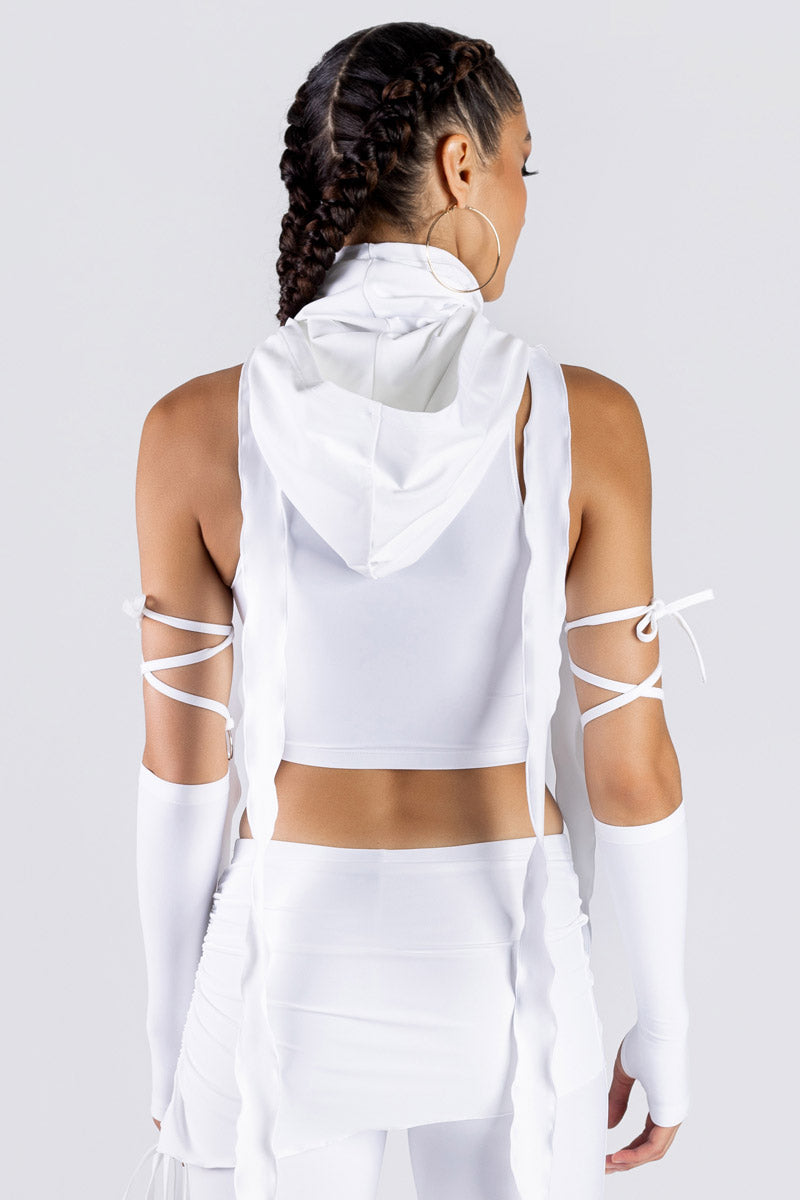 White Hooded Crop Top Studio Back View