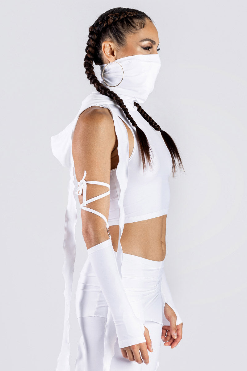 All White Hooded Crop Top with Dust Mask | Devil Walking