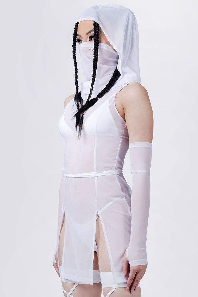 white-hooded-slit-mini-dress-close-side-view