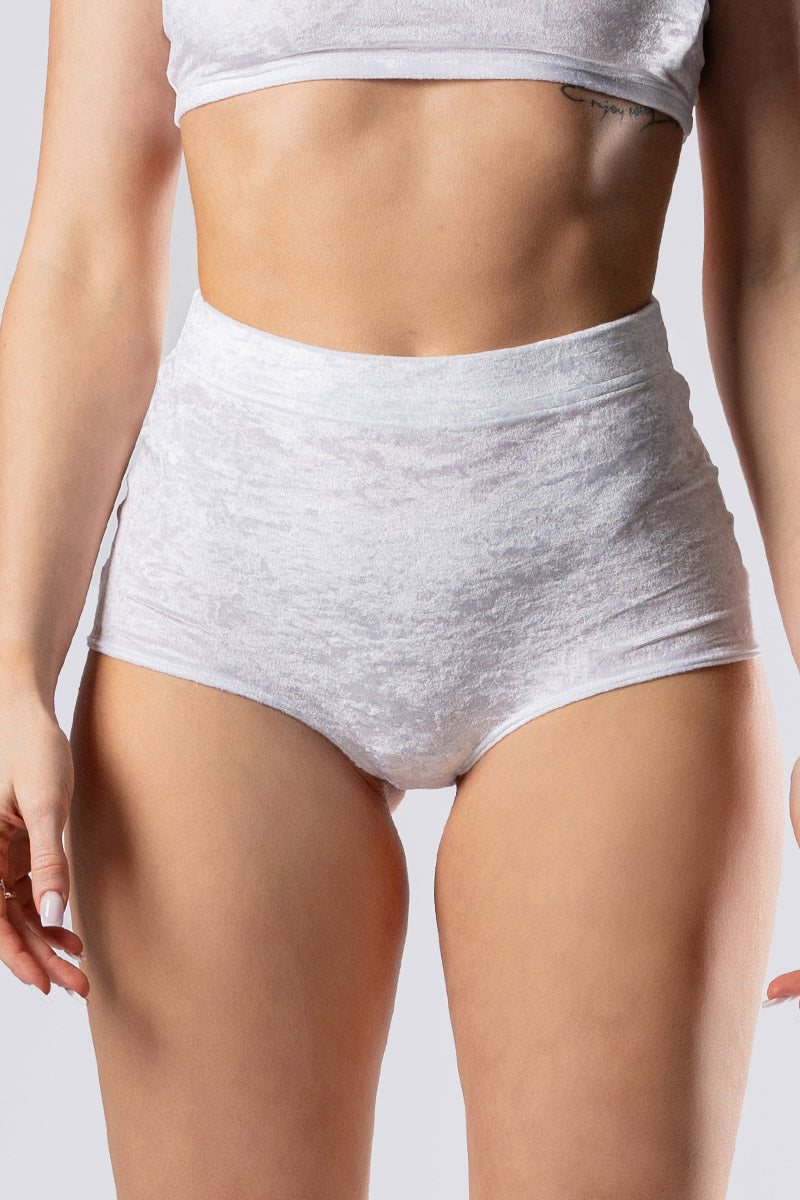white-innocence-booty-shorts-white-velvet-close-front-view