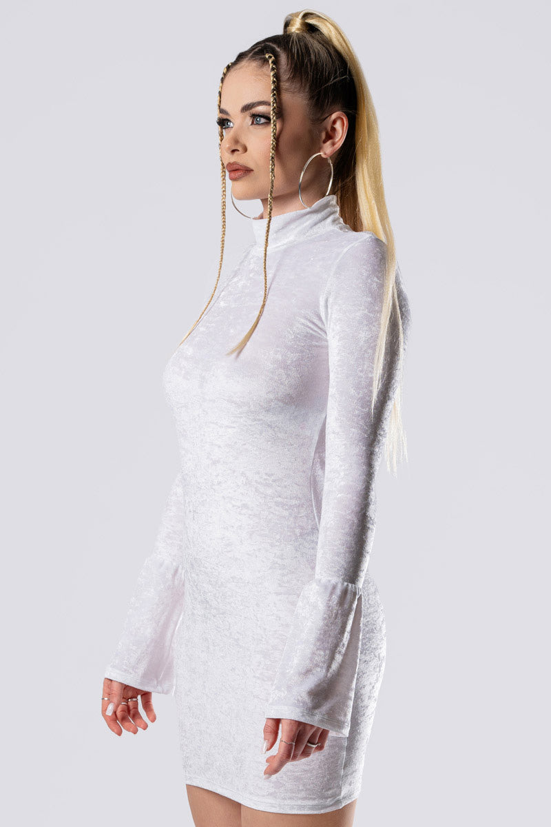 white velvet bodycon dress White Innocence Velvet High Neck Bodycon Dress Long Sleeve Velvet Dress, XXL