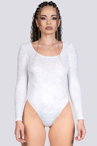 White Innocence Velvet Long Sleeve Thong Bodysuit - Stripper Outfit