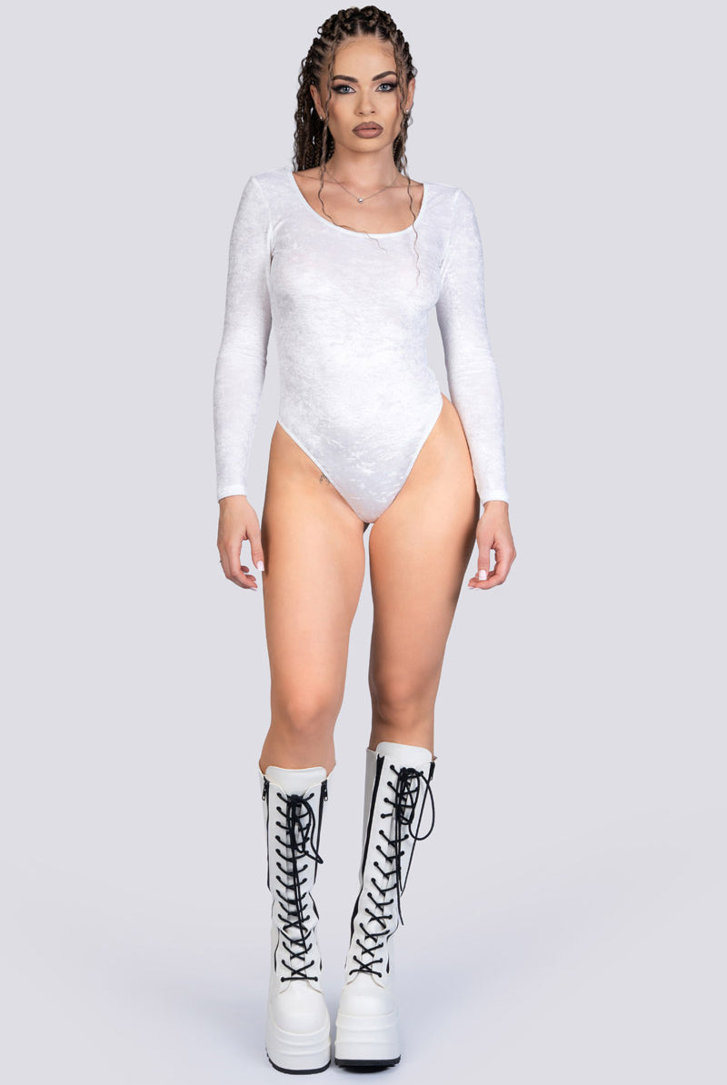 White Innocence Velvet Long Sleeve Thong Bodysuit - Pole Wear