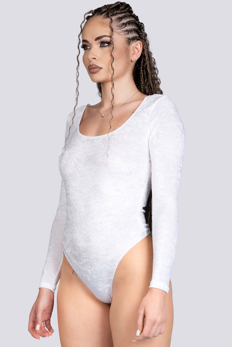 White Innocence Velvet Long Sleeve Thong Bodysuit - Stripper Wear