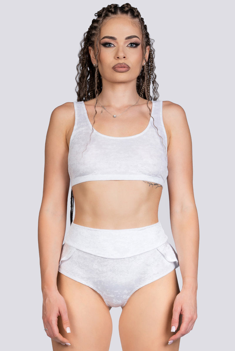 White Innocence Velvet Ruffle Booty Shorts - Stripper Outfit
