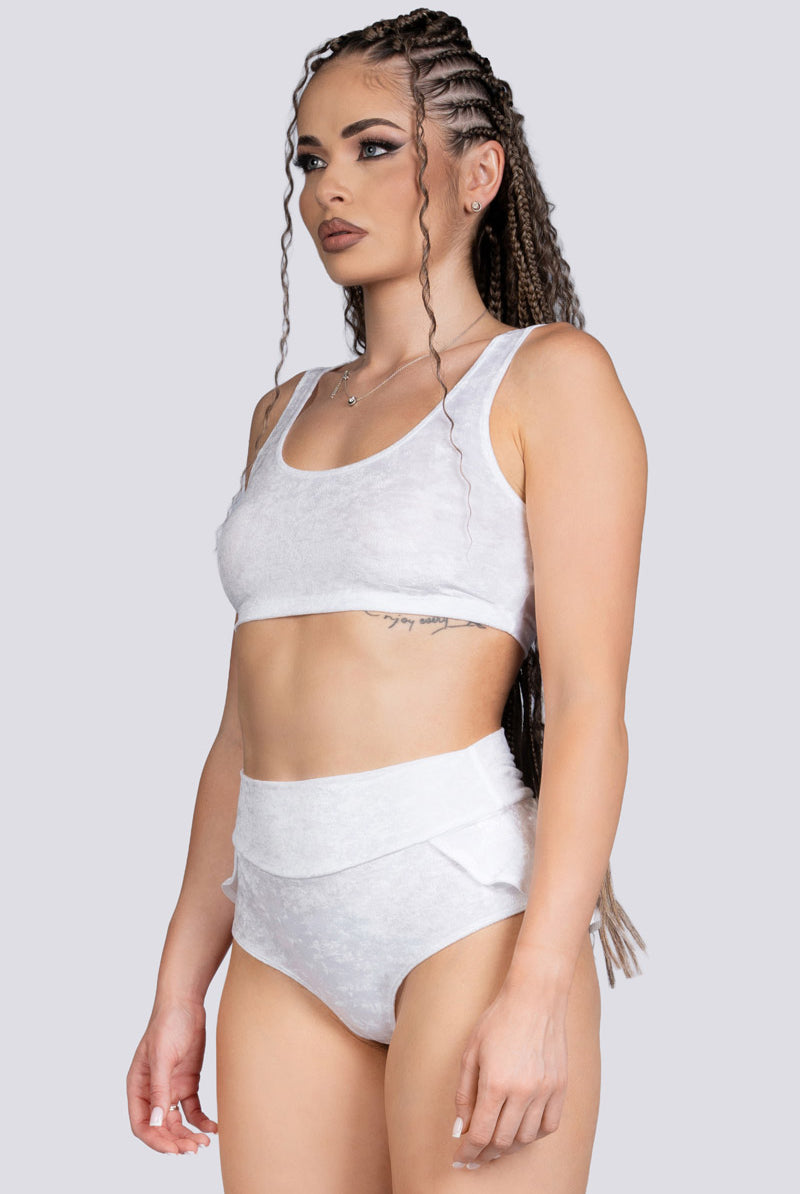 White Innocence Velvet Ruffle Booty Shorts - Stripper Wear