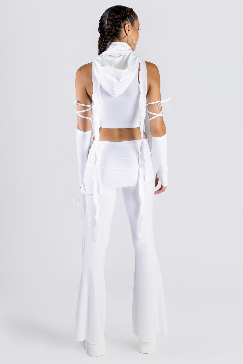 White Lace Up Pants with Skirt Set Studio Back View