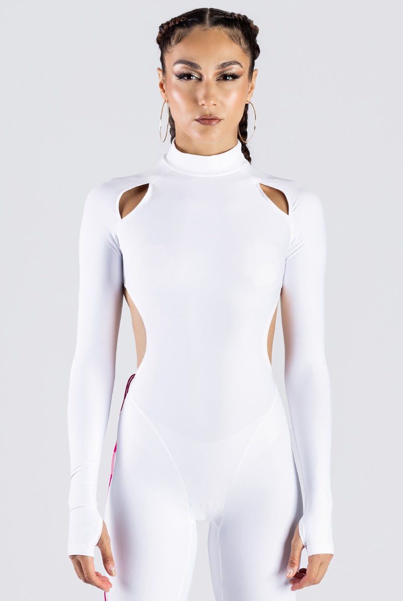 White Long Sleeve Cut Out Catsuit Studio Front View
