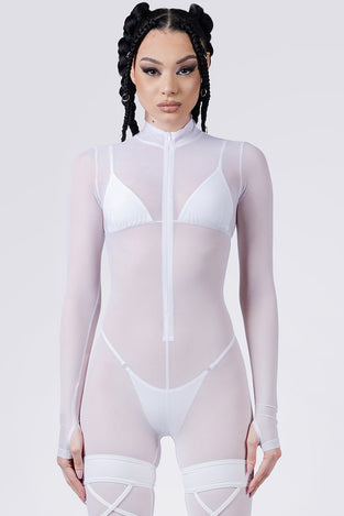Rave Outfit White Mesh Full Body Costume Close View