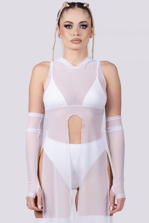 Rave Outfit White Mesh Hooded Tunic Dress Close Front View
