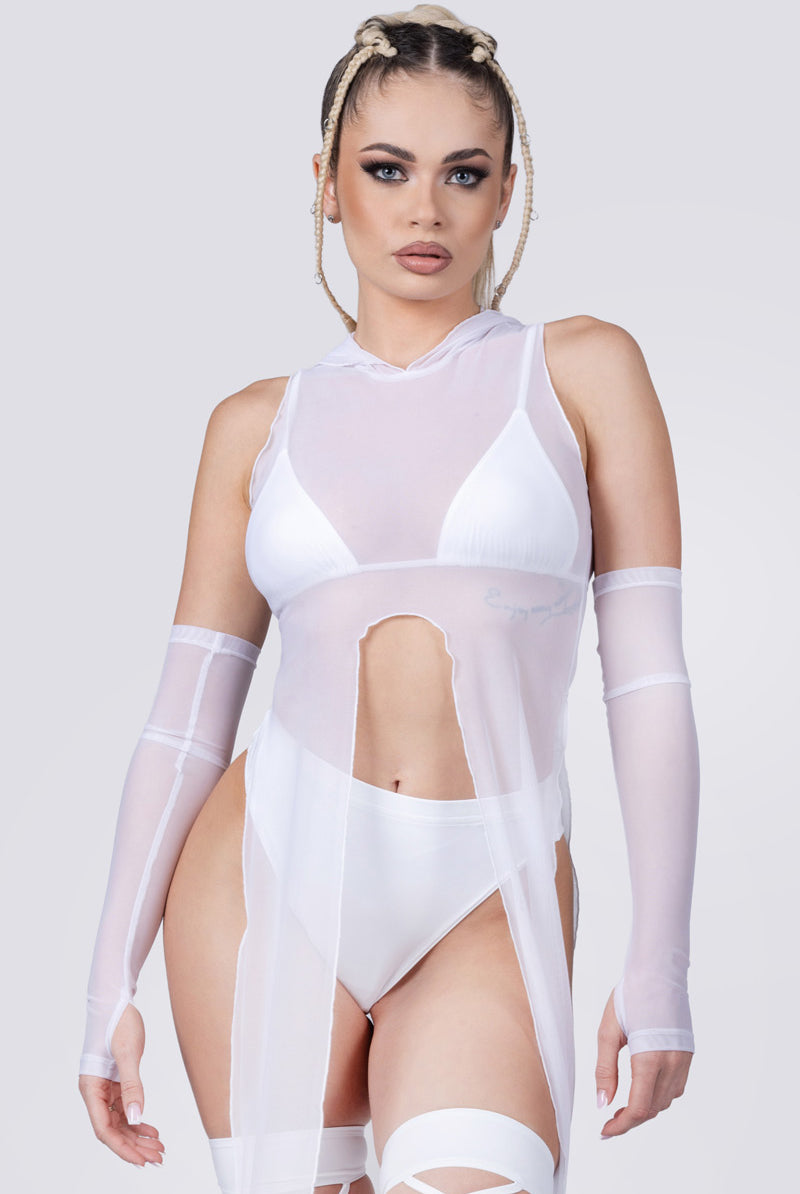 white-mesh-hooded-tunic-dress-close-view