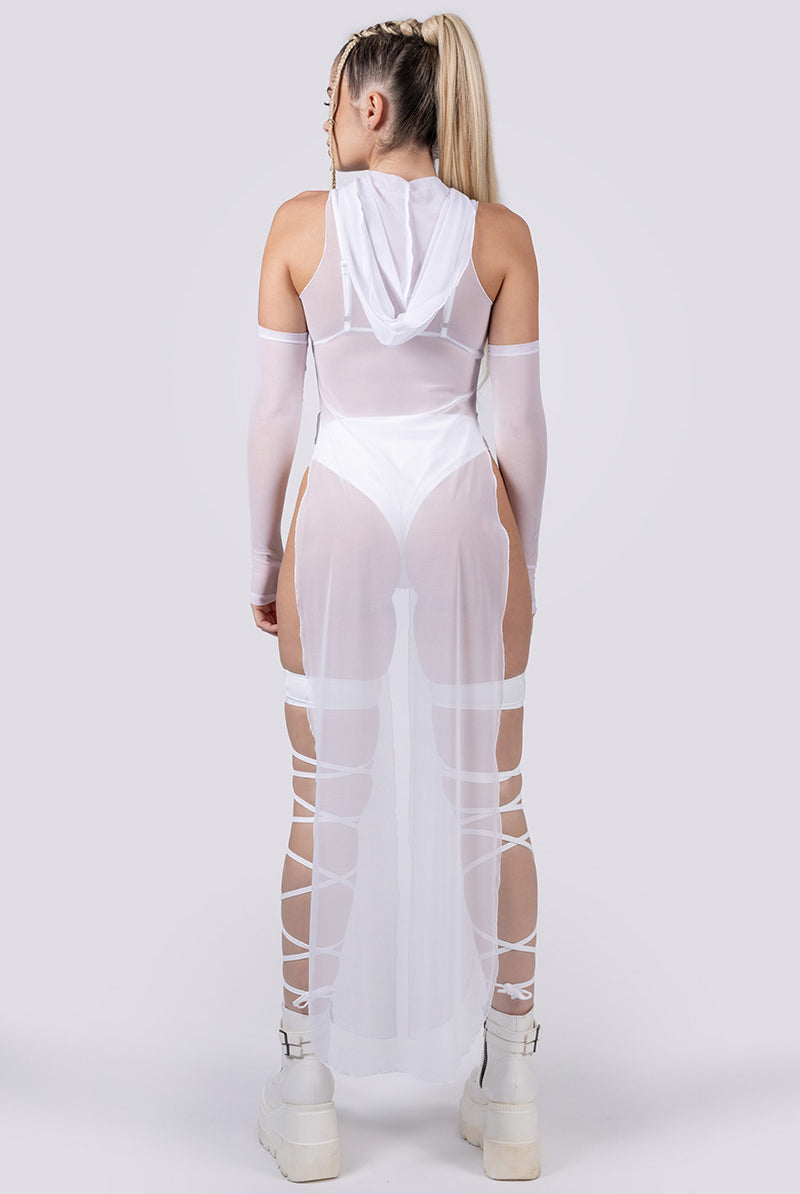 White Mesh Hooded Tunic Dress White Mesh Hooded Tunic Dress