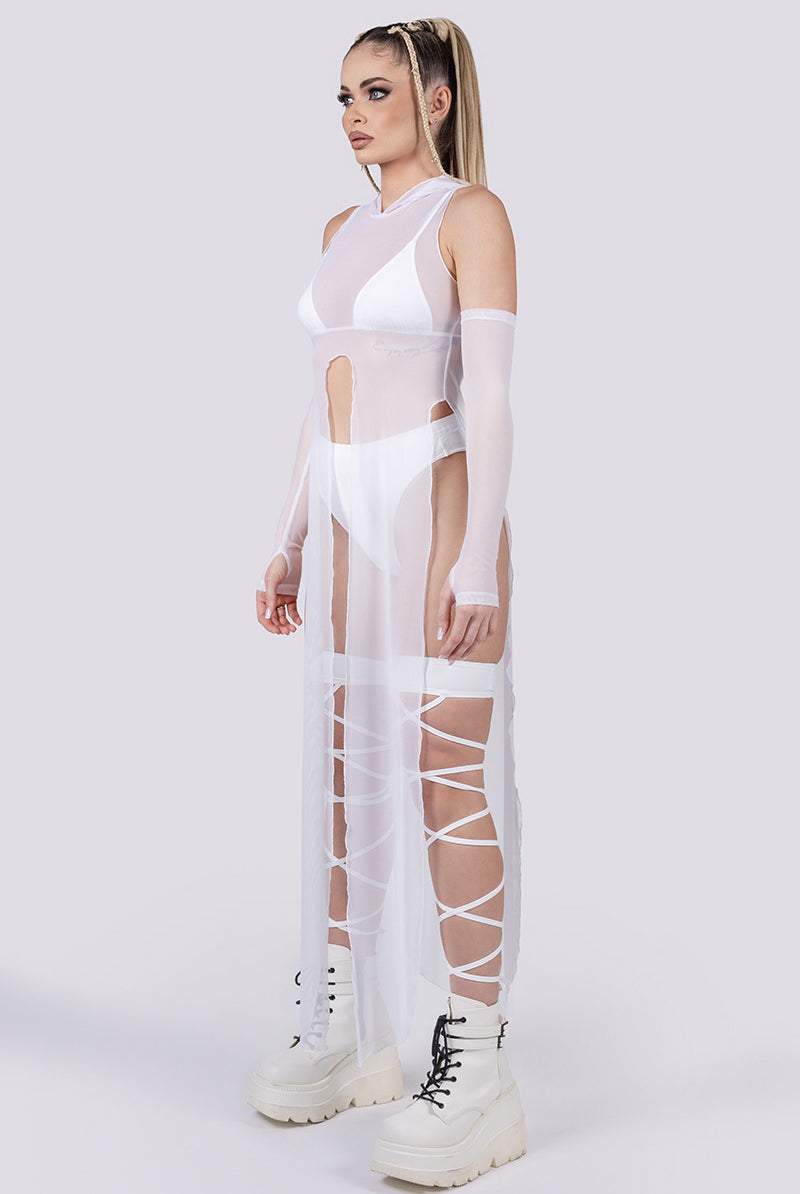 White Mesh Hooded Tunic Dress | Devil Walking White Mesh Hooded Tunic Dress | Devil Walking
